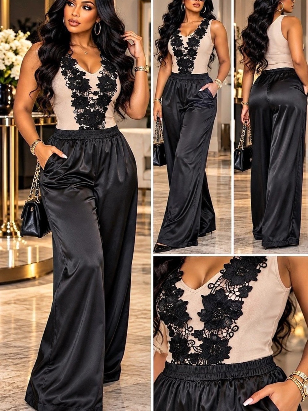 Floral Lace Wide-Leg Jumpsuit in Black & Pink